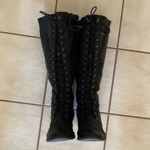 Black Extra Wide Knee-High Lace-Up Boots